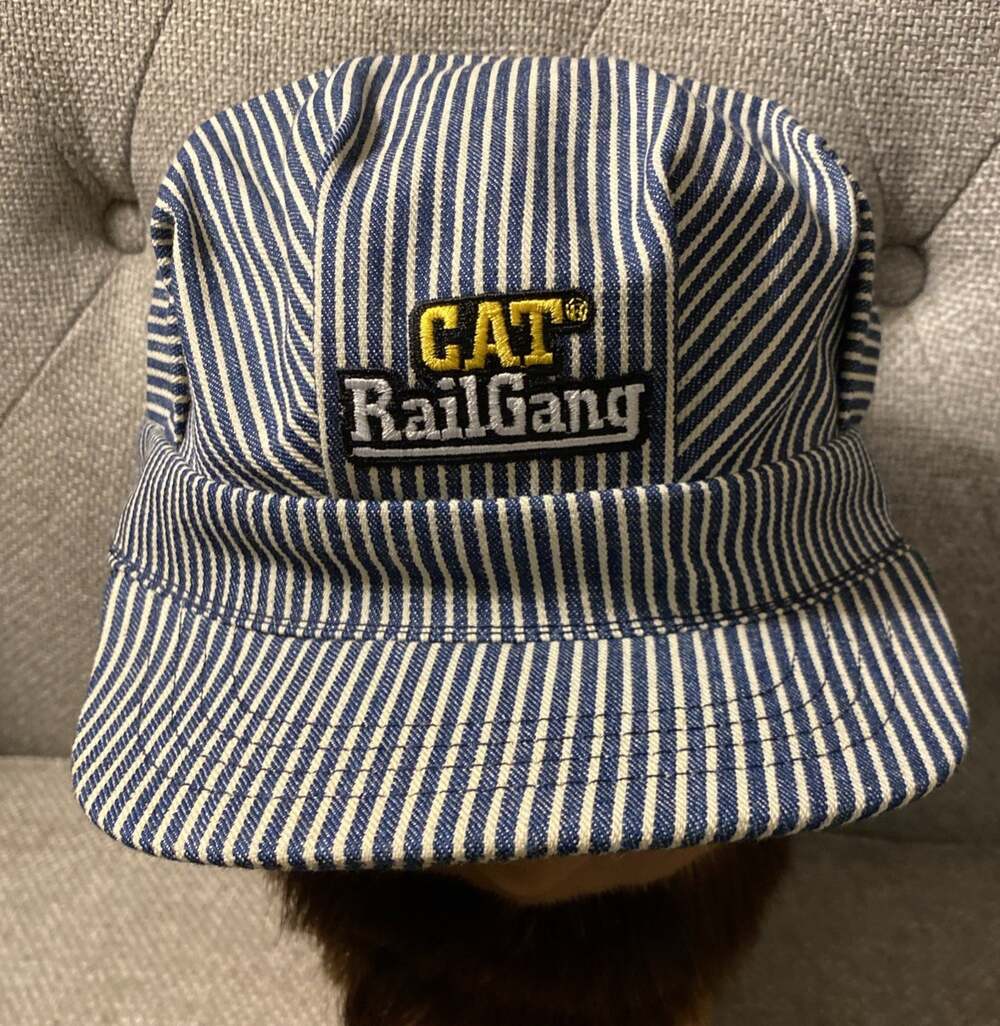 Vintage Rare CAT RailGang Engineer Conductor Hat Snap Back Candy Stripe USA Made
